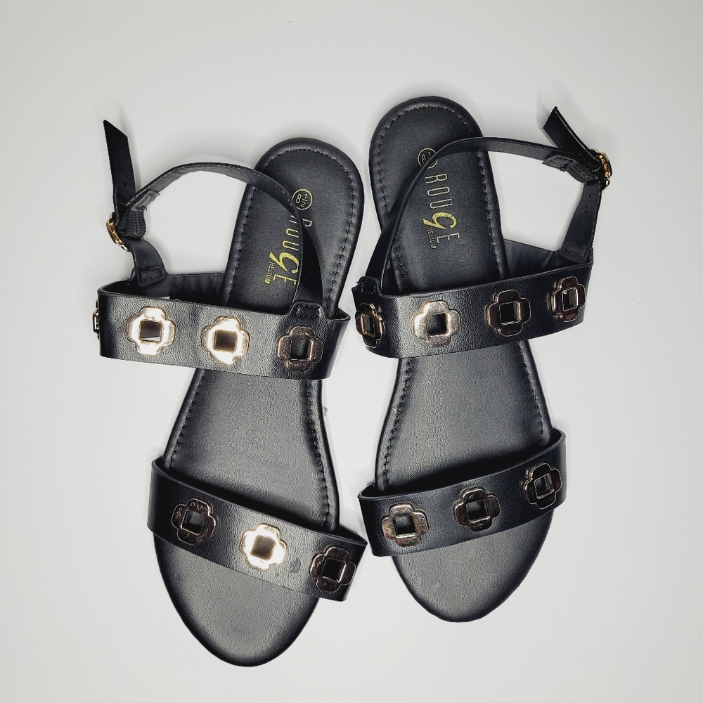 Rouge Helium Flat Sandals Black 8.5 Quatrefoil four-leaf clover-shaped Metal